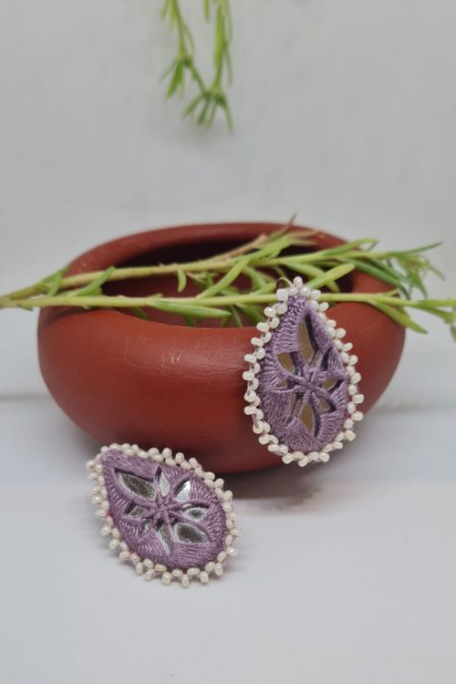 Antarang, Pan Purple Stud Mirror Earings, 100% Cotton, Handmade By Divyang Rural Women