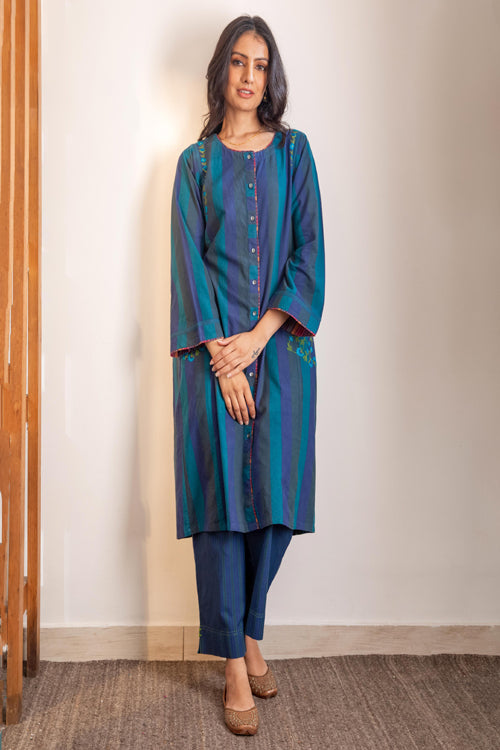 Rangsutra Haveli Crewel Blue Kimono Sleeve Kurta