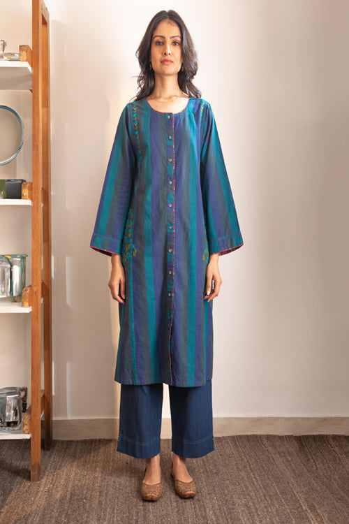 Rangsutra Haveli Crewel Blue Kimono Sleeve Kurta
