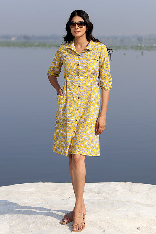Yellow Meadow Pure Cotton Hand Block Printed Dress For Women Online
