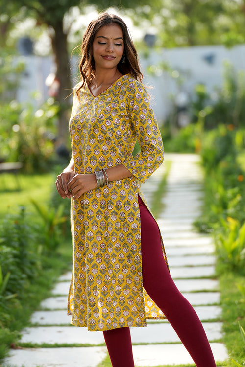 Sooti Syahi Mustard Garnet Handblock Printed Cotton Kurti