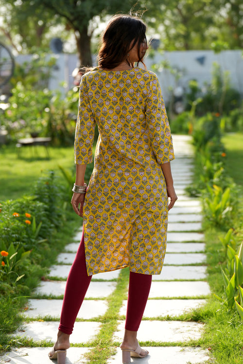 Sooti Syahi Mustard Garnet Handblock Printed Cotton Kurti