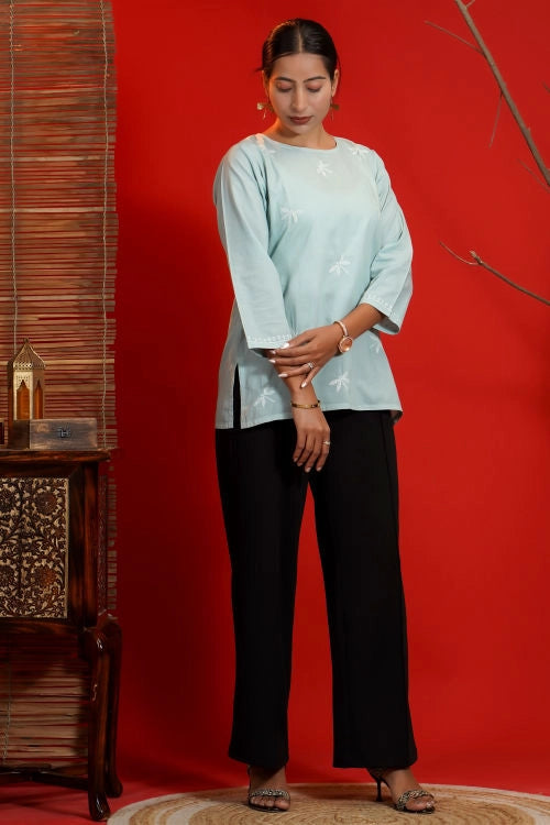Shwet Women Hand Embroidered "Pastel Poise" Teal Short Top