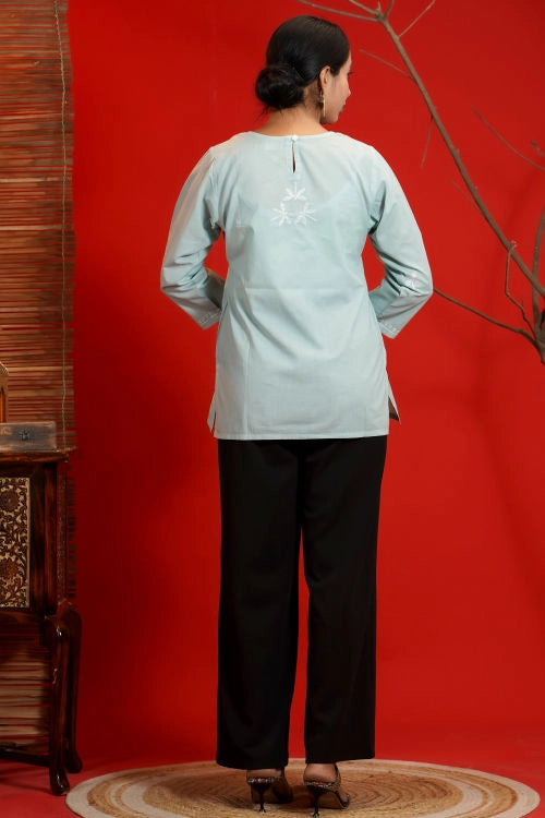 Shwet Women Hand Embroidered "Pastel Poise" Teal Short Top