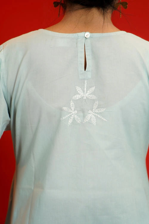 Shwet Women Hand Embroidered "Pastel Poise" Teal Short Top