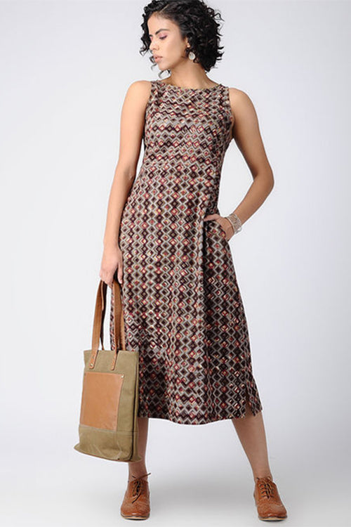 Dharan 'Tile Design Dress' Brown Block Printed Dress Okhaistore Dharan 'Tile Design Dress' Brown Block Printed Dress Okhaistore