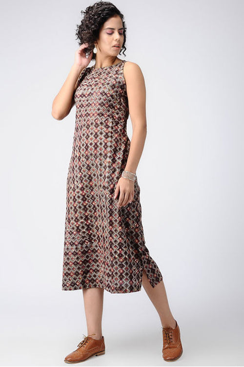 Dharan 'Tile Design Dress' Brown Block Printed Dress