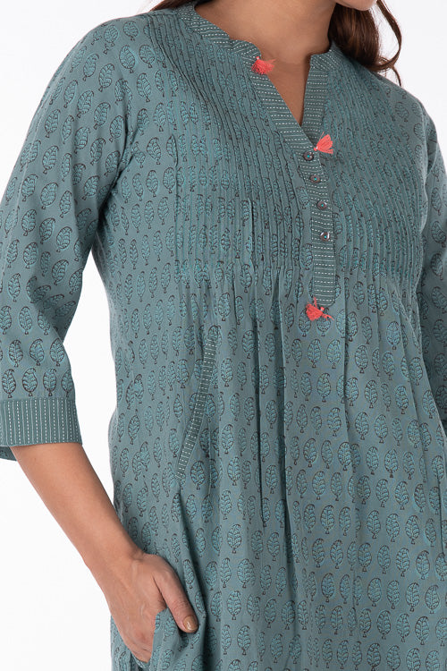 Dharan Nisha Turquoise Block Printed Kurta For Women Online