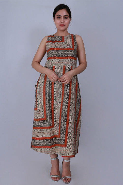 Dharan Bagru Border Beige Printed Sleeveless Dress For Women Online