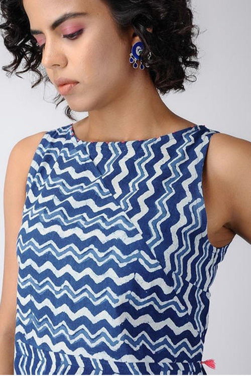 Dharan Dabu 'Zig-zag Print Dress' Indigo Block Printed Dress Okhaistore Dharan Dabu 'Zig-zag Print Dress' Indigo Block Printed Dress Okhaistore