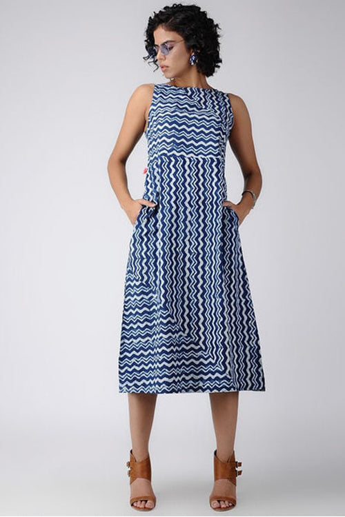Dharan Dabu 'Zig-zag Print Dress' Indigo Block Printed Dress