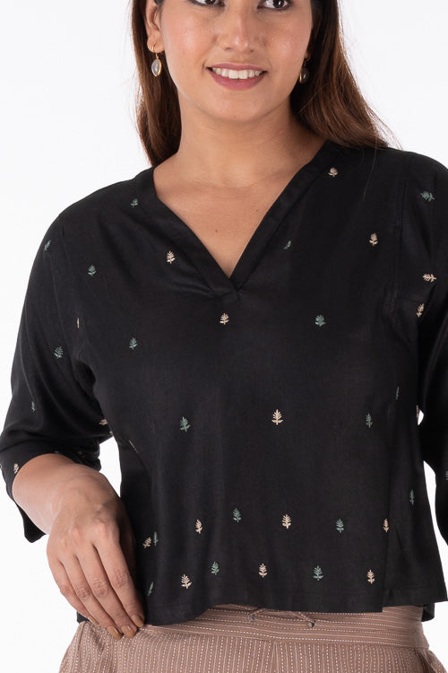 Dharan "Siri Crop Top" Black Embroidered Top