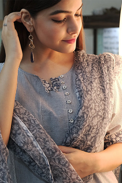 Dharan 'Charcoal Stripe Re Sana Kurta' Grey Woven Printed Kurta