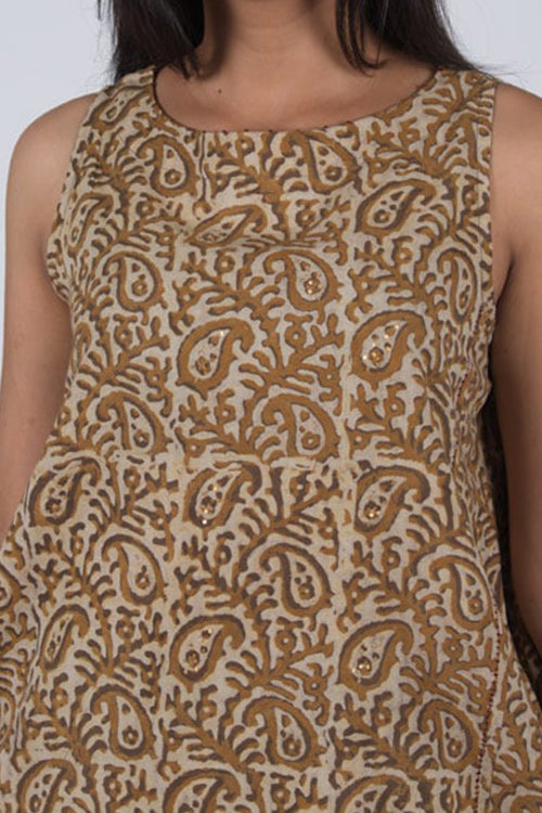 Dharan Mud Mustard Slash Brown Block Printed Tunic Kurta For Women Online