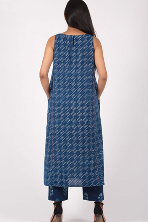 Dharan "Neel Slash Tunic" Indigo Block Printed Dress