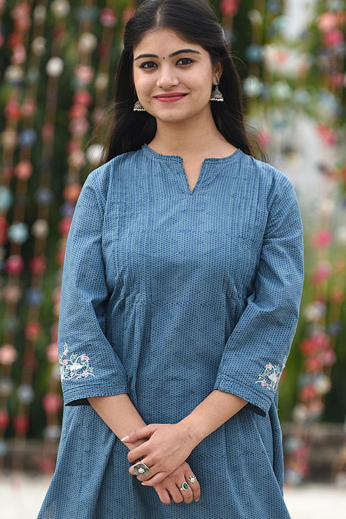 Dharan Kalidar Blue Embroidered Block Print Kurta For Women Online