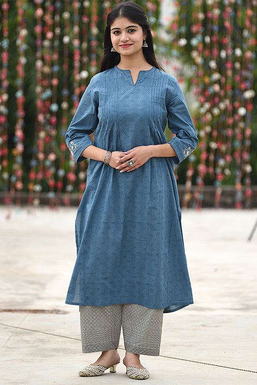 Dharan Kalidar Blue Embroidered Block Print Kurta For Women Online