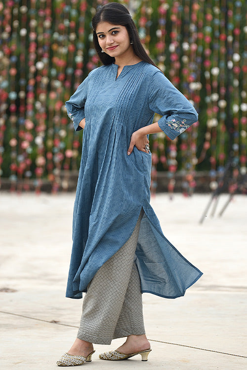 Dharan 'Embroidered Kalidar Kurta' Blue Block printed Kurta