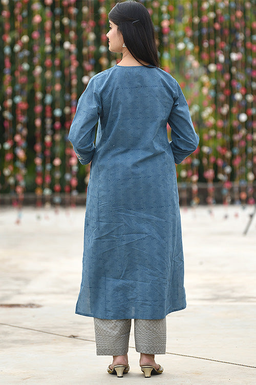 Dharan 'Embroidered Kalidar Kurta' Blue Block printed Kurta