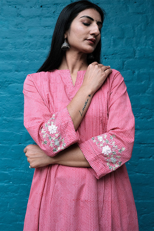 Dharan Kalidar Pink Embroidered Block Print Kurta For Women Online