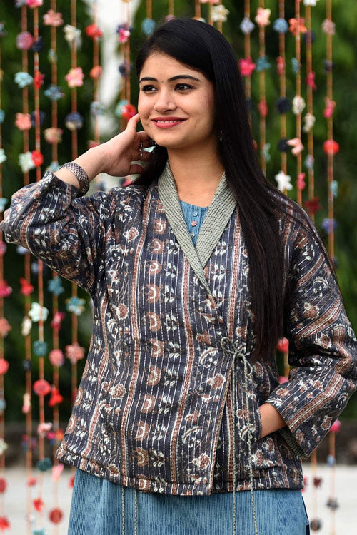 Dharan Olive Overlap Quilted Reversible Jacket For Women Online