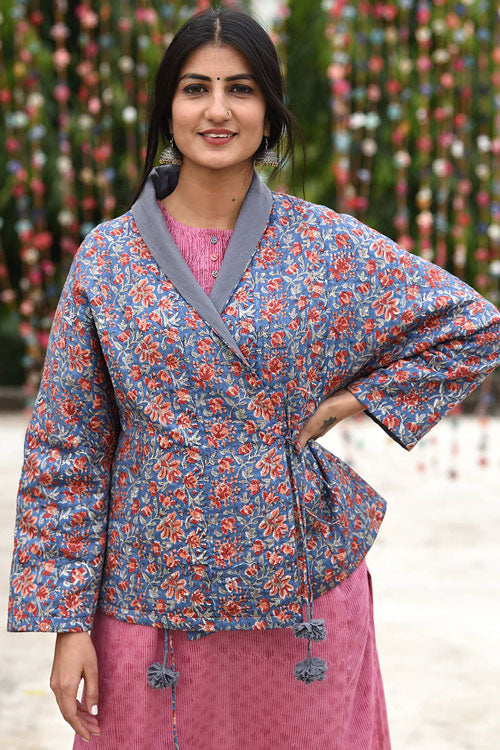 Dharan Blue Overlap Quilted Reversible Jacket For Women Online