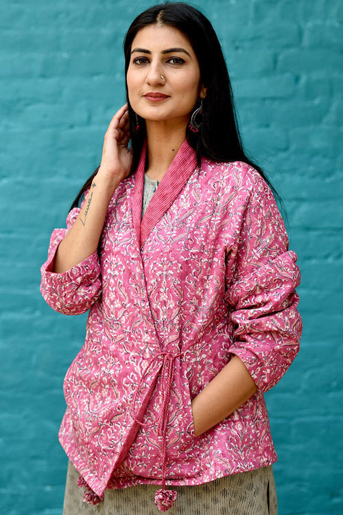 Dharan Pink Overlap Quilted Reversible Jacket For Women Online