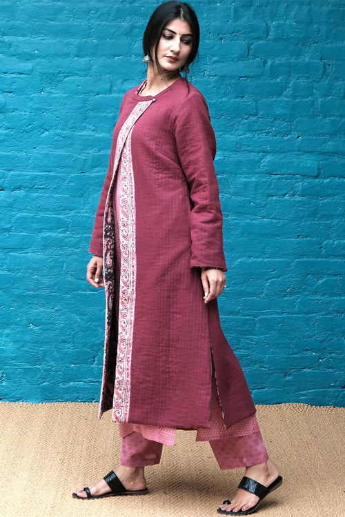 Dharan Charcoal Quilted Long Reversible Jacket For Women Online