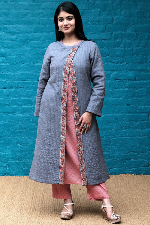 Dharan Blue Quilted Reversible Long Jacket For Women Online