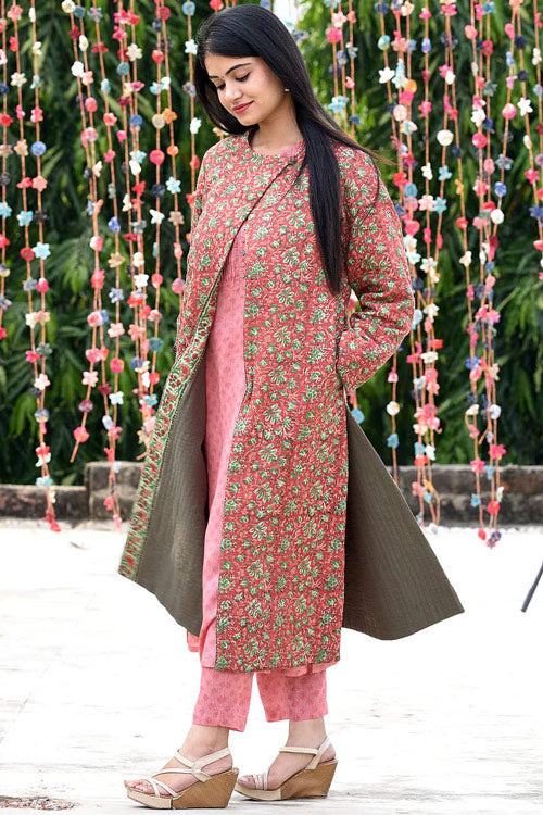 Dharan Peach Quilted Long Reversible Jacket For Women Online