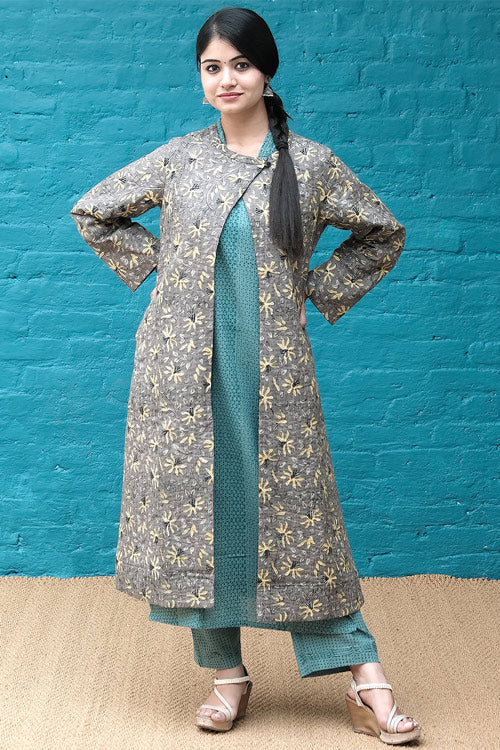 Dharan Grey Quilted Long Reversible Jacket For Women Online