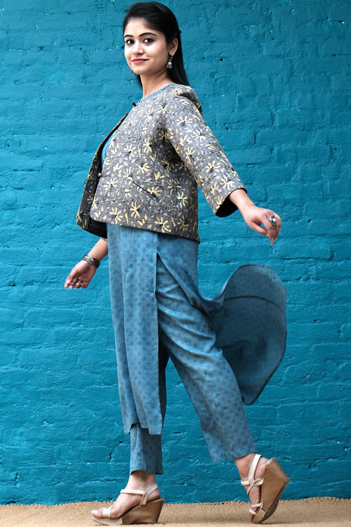 Dharan "Grey Round Neck Jacket" Grey Block Print Quilted Jacket