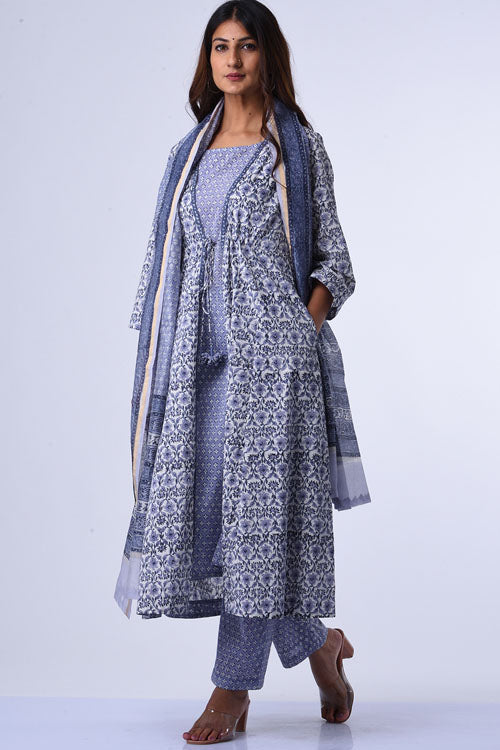 Dharan Tarana Grey Block Printed Kurta Set For Women Online