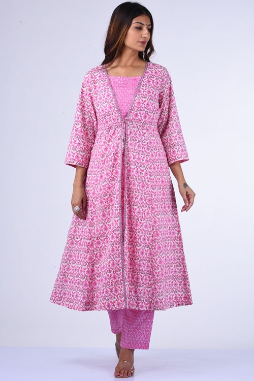Dharan Tarana Pink Block Printed Kurta Set For Women Online