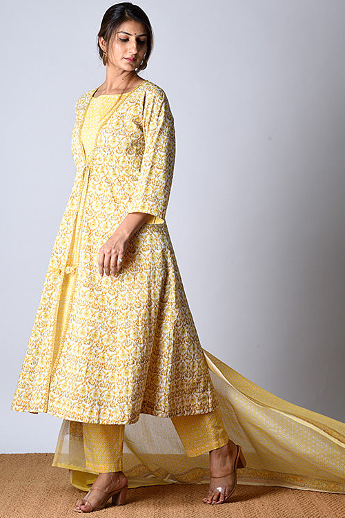 Dharan Tarana Yellow Block Printed Kurta Pant Set For Women Online