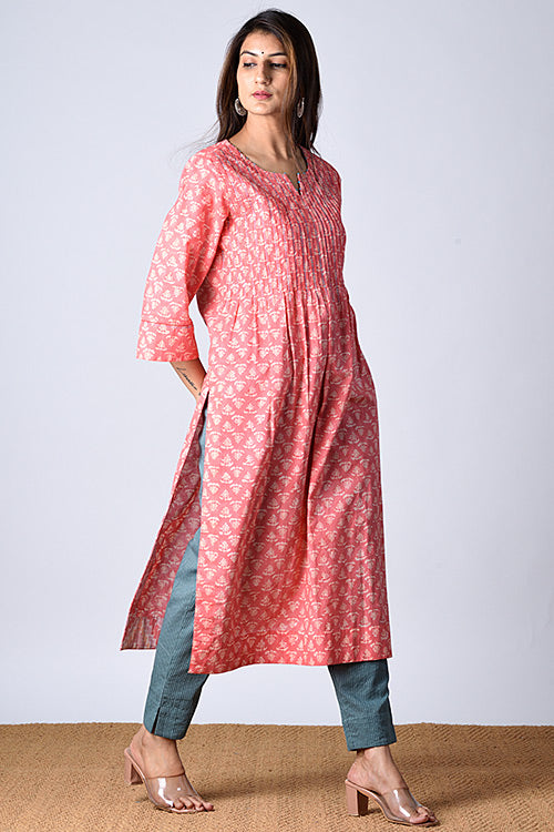 Moonga Peach Block Printed Kurta For Women Online