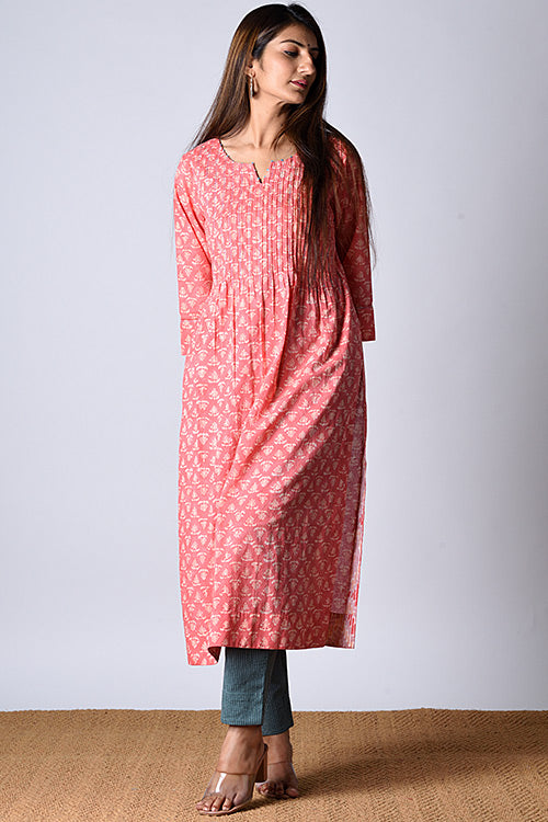 Dharan Moonga Peach Block Printed Kurta For Women Online