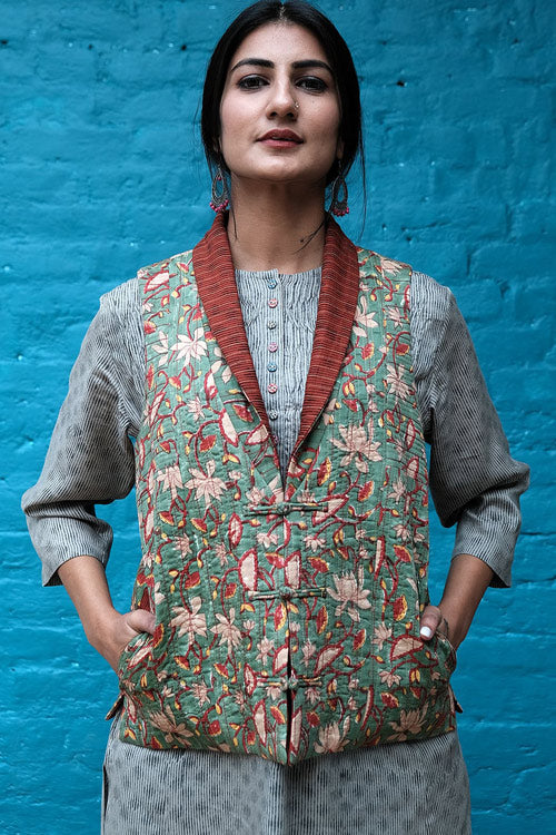 Dharan Rusty Green Side Yoke Quilted Reversible Jacket For Women Online
