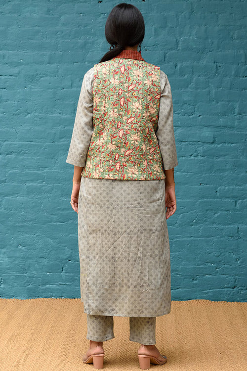Dharan "Green Sleeveless Side Yoke Quilted Jacket" Rusty-Green Block Printed Reversible Jacket