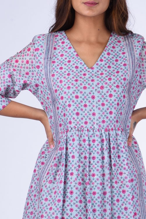 Dharan " Upavan Dress" Blue Block Printed Dress