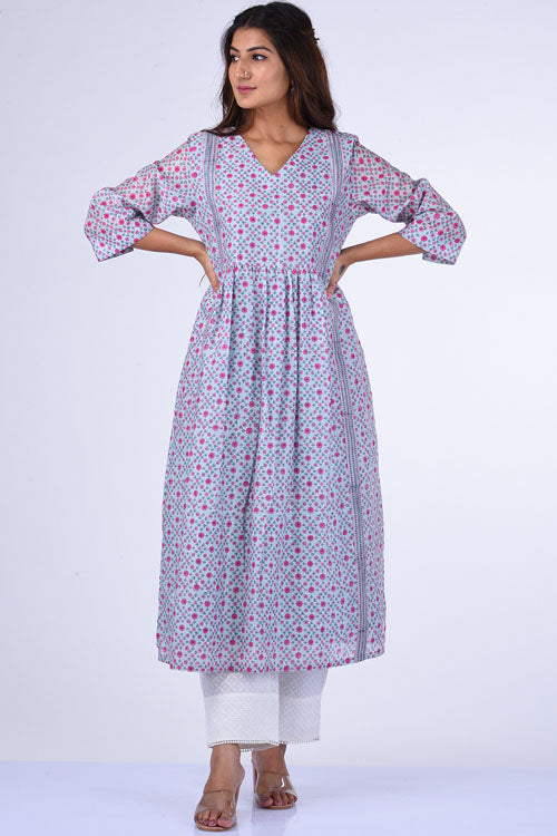 Dharan " Upavan Dress" Blue Block Printed Dress