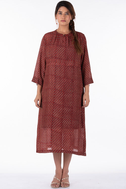 Dharan Ruby Red Cotton Block Printed Slip Dress For Women Online
