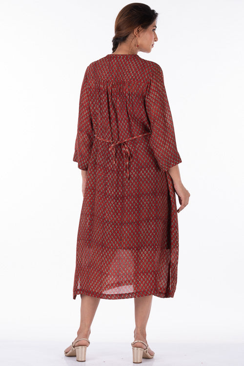 Dharan "Ruby Dress" Red Block Printed Dress With Slip