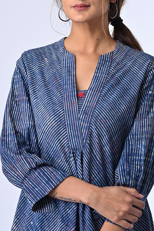 Dharan "Suki Dress" Indigo Block Printed Dress