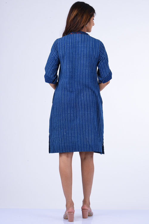 Dharan "Patang Shift Dress" Indigo Block Printed Dress