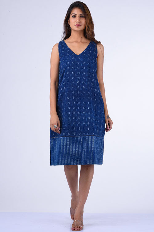 Dharan Ditsy Blue Pure Cotton Block Printed Dress For Women Online