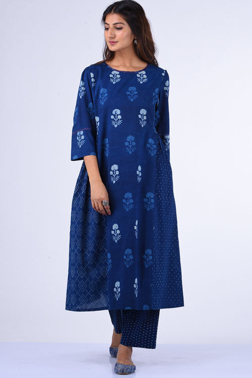Dharan Rasa Indigo Block Printed Embroidery Dress For Women Online