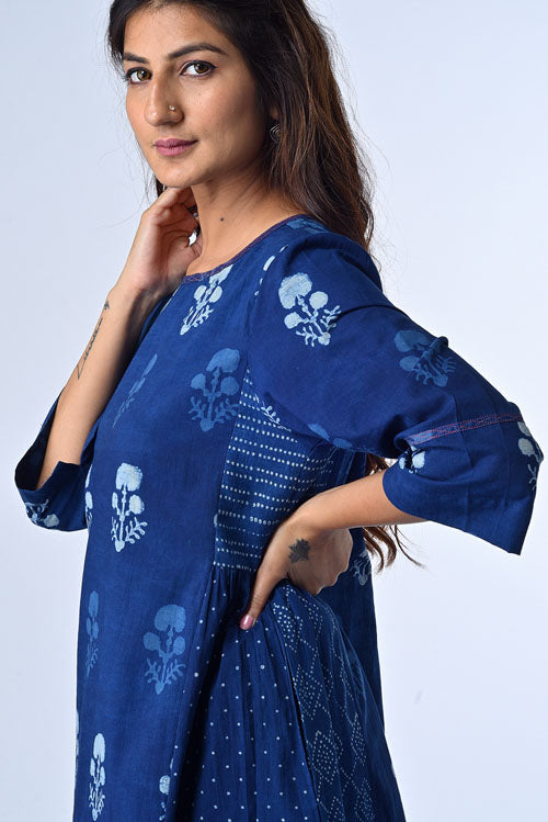 Dharan Rasa Indigo Block Printed Embroidery Dress For Women Online