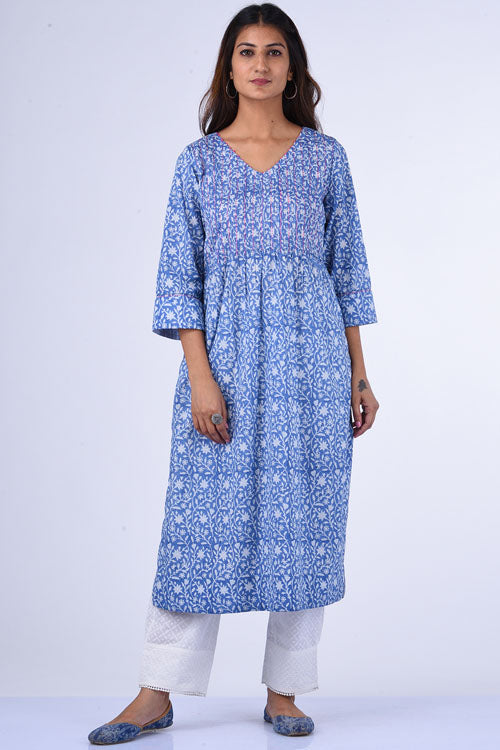 Dharan Neelam Blue Block Printed Kurta For Women Online
