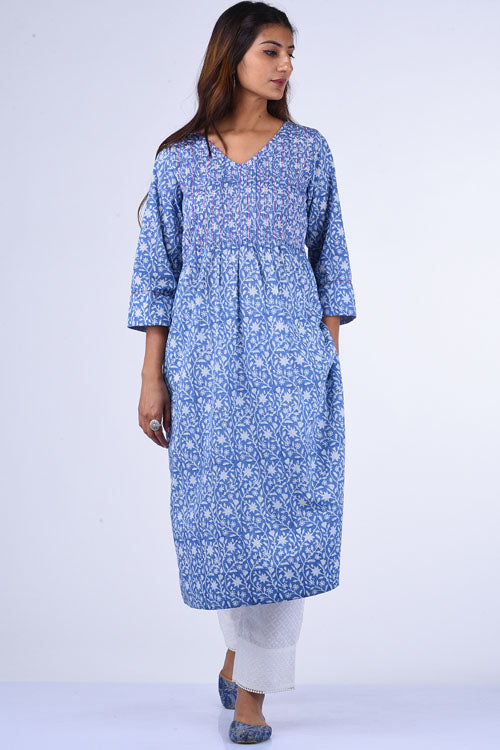 Dharan Neelam Blue Block Printed Kurta For Women Online